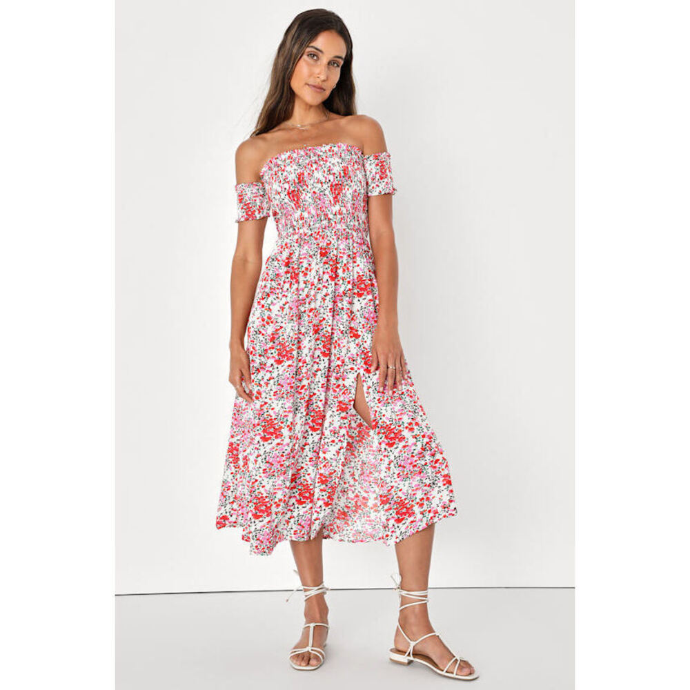 Lulus View From The Meadow Cream Floral Print Off-the-shoulder Dress Beige
